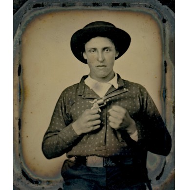 Fine Early War 1/6th Plate Ruby Ambrotype of a Young Man Armed with an Allen & Wheelock Sidehammer Revolver