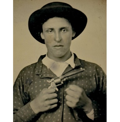 Fine Early War 1/6th Plate Ruby Ambrotype of a Young Man Armed with an Allen & Wheelock Sidehammer Revolver