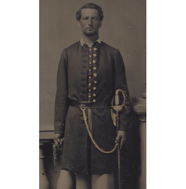 Fine Double Armed Quarter Plate Ambrotype of a US Soldier with a Colt Navy and a High Grade Militia Officers Sword