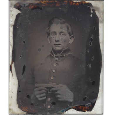 Union Cased Ninth Plate Ambrotype of a Union Solider with a Pepperbox