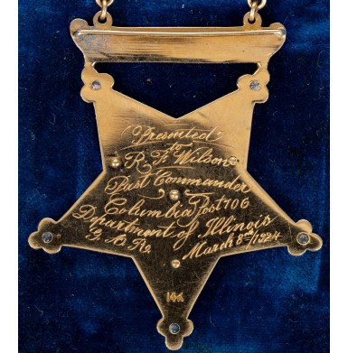 Inscribed 14kt Gold & Diamond G.A.R. Badge to R.F. Wilson - Past Commander Columbia Post #706 in Chicago