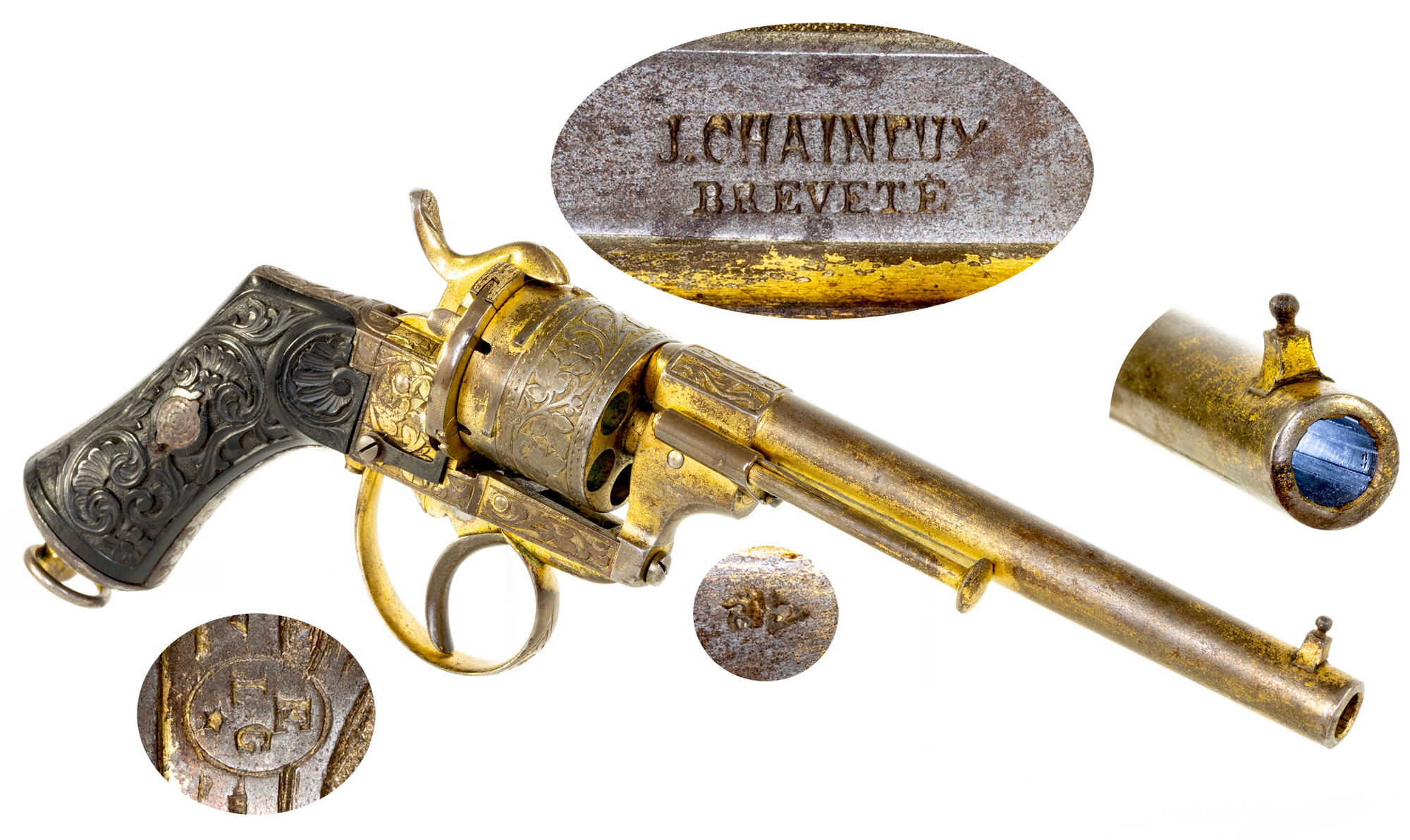 Image of Fine Engraved & Gilt Pinfire Revolver by Chaineaux of Liège